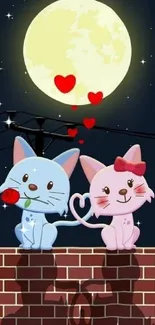 Cute cat couple under the moon with hearts