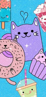 Colorful cartoon cat and dessert themed wallpaper art on blue background.