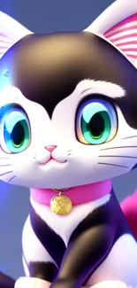 Cute animated cat with green eyes and pink collar on a blue background.