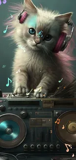 Cute kitten DJing on a console with headphones.