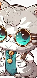 Cute cartoon cat dressed as doctor with teal glasses.