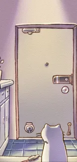 Cute cat illustration by a door in soft purple tones.