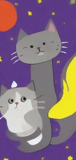 Whimsical cats with a banana tail under a starry purple sky.