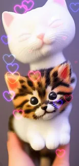 Adorable cats with glowing heart overlays on a mobile wallpaper design.