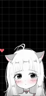 Cute anime girl with cat ears on a black grid background with hearts.