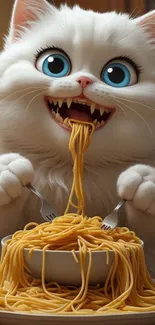 Fluffy cat eating spaghetti with a cute expression.