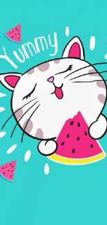 Cute cartoon cat enjoying watermelon with turquoise background.