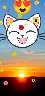 Cute cat emoji with heart eyes on sunset background.