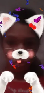 Cute cat face filter with butterflies on a dark background wallpaper.