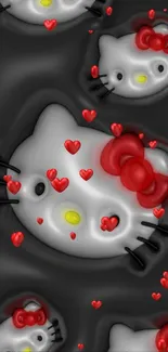 Cute cartoon cat faces with red bows on a black background.