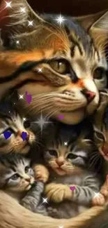 Mother cat cuddling her kittens wallpaper.