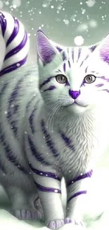 Fantasy cat with purple stripes in a snowy setting, whimsical and enchanting.