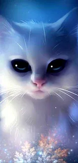 Cute white cat in a mystical blue background.