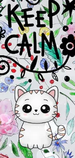 Whimsical cat and floral mobile wallpaper with a 'Keep Calm' message.