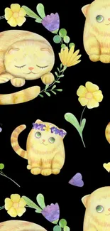 Cute cats and florals on black background wallpaper.