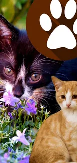 Charming mobile wallpaper with two adorable cats amid vibrant purple flowers.