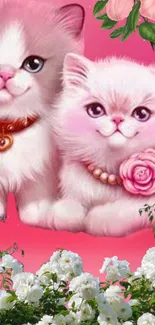 Cute pink cats with floral accents on a mobile wallpaper.