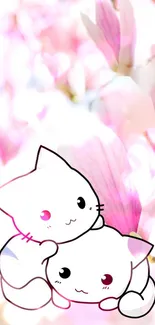 Cute cartoon cats with pink floral background wallpaper.