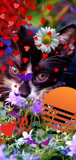 Cute cat with flowers and hearts in vibrant colors.