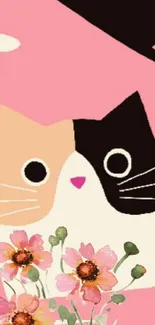 Cute cats and flowers on a pink wallpaper.