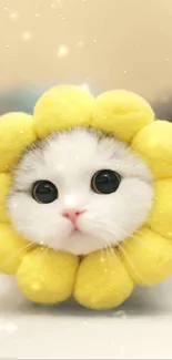 Cute kitten with yellow flower headpiece, perfect for phone wallpaper.