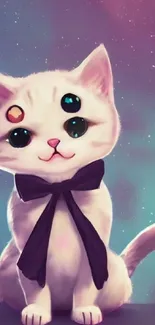 White cat with a bowtie in a starry galaxy background, perfect for mobile wallpaper.