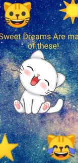 Cute cartoon cat with galaxy background, emojis, and stars.