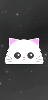 Cute white cat with pink ears against a starry galaxy background for mobile wallpaper.