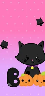 Cute Halloween wallpaper with a black cat, pumpkins, and bats on a pink background.