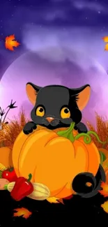 Cute black cat with pumpkin under a purple sky, surrounded by autumn leaves.