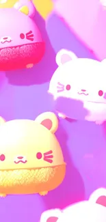 Colorful wallpaper with cute cat heads in pink and purple hues.