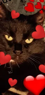 Cute black cat with red hearts wallpaper.