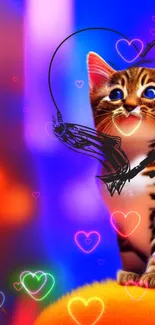 Cute kitten with colorful hearts background.