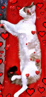 Adorable white cat on red surface with pixel hearts.