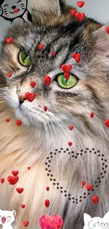 Cute cat with hearts mobile wallpaper, perfect for animal lovers.