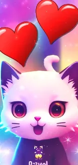 Cute cat with two red hearts and vibrant background.