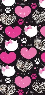 Cute mobile wallpaper with cat faces, hearts, and leopard print.