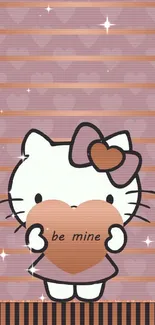 Cute cartoon cat holding heart, striped pink background.