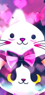 Cute white and black cat with pink heart-shaped accents, on a vibrant background.