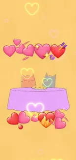 Two cartoon cats with hearts on a light orange background.