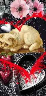 Cute kitten in heart artwork with flowers and love theme.