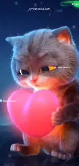 Cute cat holding a glowing pink heart in a starry night setting.