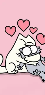 Cartoon cats hugging with floating hearts on a pink background.