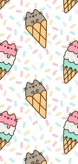 Cute cat ice cream cone wallpaper with sprinkles.