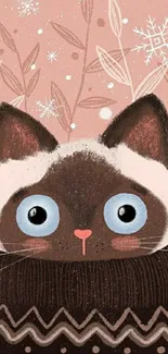 Illustrated cat with blue eyes on a pastel pink background.