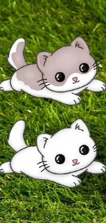 Two cartoon cats playing near a wooden house on grass.