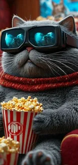 Cat with 3D glasses enjoying popcorn