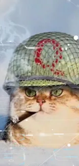 Adorable cat in army helmet with a cigar, digital art wallpaper.