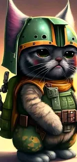 Cute cat in detailed battle armor with vibrant colors.