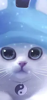 Adorable cat with blue hat and yin-yang charm on celestial background.